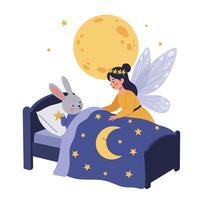 Fairy comforting rabbit under moonlight in flat art illustration vector