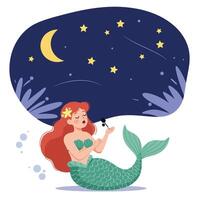 Mermaid singing under a starry sky in flat art style vector