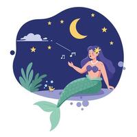 Mermaid singing under the moonlight with stars in flat art vector