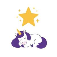 Sleeping unicorn with star above in flat art style vector