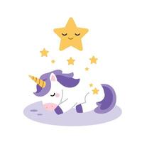 Sleeping unicorn surrounded by stars in flat and colorful art vector