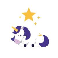 Cute unicorn sleeping peacefully with star and sparkles in minimal illustration vector