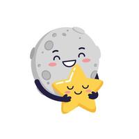 Happy moon character embracing a smiling star in flat art vector