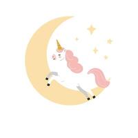 Unicorn jumping over a crescent moon in flat and colorful art vector