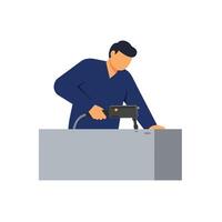 Worker using a spray gun on a surface in minimal art vector