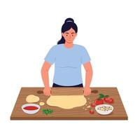 Person preparing dough with ingredients on table in minimal art vector