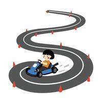Child driving a go-kart on a winding track in flat illustration vector