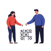 Engaging people playing tic-tac-toe game in minimal flat art vector