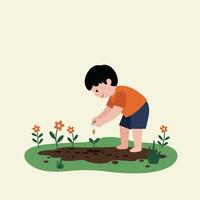 Child planting seeds in a garden with flat design style art vector