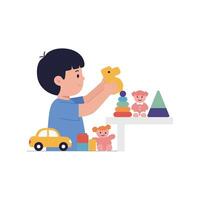 Boy playing with colorful toys in a flat style art vector