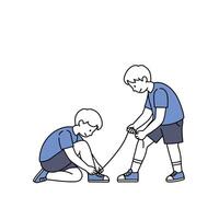 Two children tying shoelaces together in a minimal flat design art vector