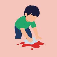 Child cleaning a spill with a cloth in flat art style vector