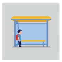 Boy waiting at bus stop in flat minimal style art vector