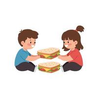 Children sharing large sandwiches in a playful manner, flat art illustration vector