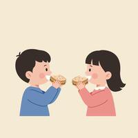 Children enjoying sandwiches in playful interaction, flat and colorful illustration vector