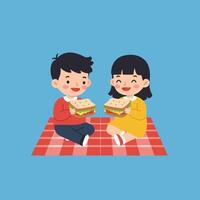Happy children enjoying sandwiches on a picnic blanket in flat art vector