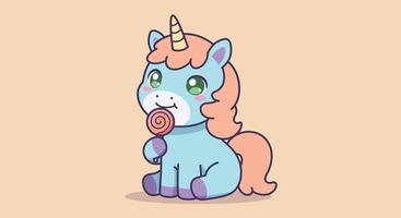 Cute blue unicorn character design in flat style holding a lollipop art vector