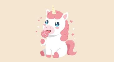 Cute unicorn character enjoying a lollipop in flat art style vector