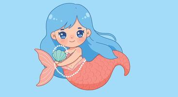 Cute mermaid character holding a shell in flat art style illustration vector
