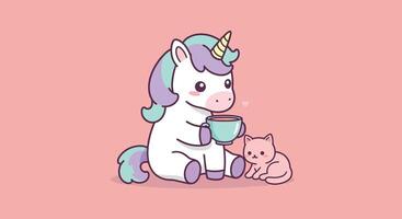 Cute unicorn enjoying a warm drink with a playful cat in flat art vector