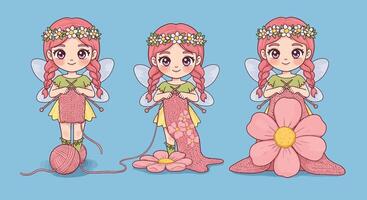 Cute fairy character in minimal style creating flower from yarn illustration vector