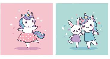Playful unicorn character in flat design with a whimsical bunny friend illustration vector