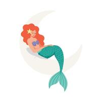 Mermaid relaxing on a crescent moon in flat and colorful illustration vector