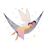 Dreaming fairy resting peacefully in a hammock with delicate wings in flat art vector