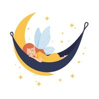 Sleeping fairy in hammock under moonlight, flat design art vector