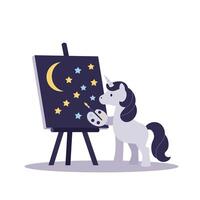 Unicorn painting stars on canvas in flat art style illustration vector