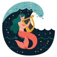 Mermaid playing harp in ocean waves, colorful flat illustration vector
