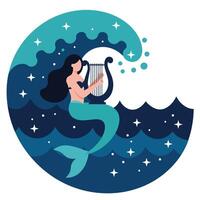 Mermaid playing harp in ocean waves with a minimal design style art vector