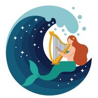 Mermaid playing harp in ocean waves, flat design, colorful art vector