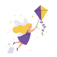Fairy character flying with a colorful kite in flat art style vector