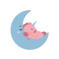 Cute unicorn sleeping on crescent moon in flat design art vector