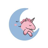 Cute unicorn character resting on crescent moon in flat design art vector