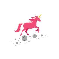 Playful pink unicorn galloping through whimsical shapes in flat art vector