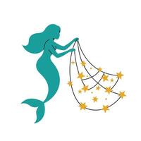 Mermaid with net catching stars in flat minimal art vector