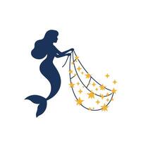 Mermaid gracefully holding starry net in flat, minimal art vector
