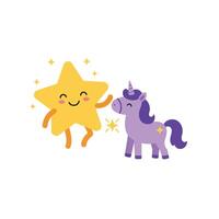 Happy star interacting with cheerful unicorn in flat art illustration vector