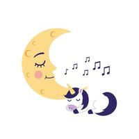 Sleeping unicorn and smiling moon in flat illustration vector