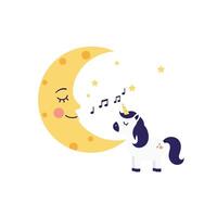 Cute unicorn singing to a smiling moon in flat art vector