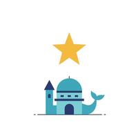 Whale-shaped building design in flat style with star above, vibrant colors, illustration vector