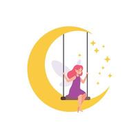 Fairy sitting on a swing against a crescent moon in flat art vector