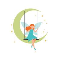 Enchanting fairy swinging gracefully on crescent moon in flat art vector