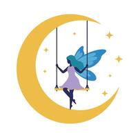 Fairy swinging gracefully on a crescent moon in colorful flat art vector