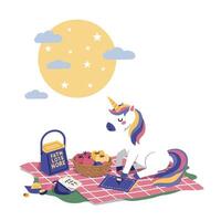Unicorn enjoying picnic under the moon with colorful basket in flat illustration vector