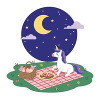 Unicorn enjoying a picnic under the moonlight in flat art vector