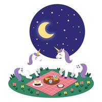 Two unicorns enjoying a picnic under a moonlit sky in flat art vector