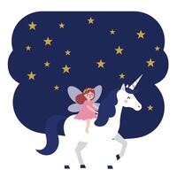 Fairy riding a unicorn under a starry sky in flat illustration vector
